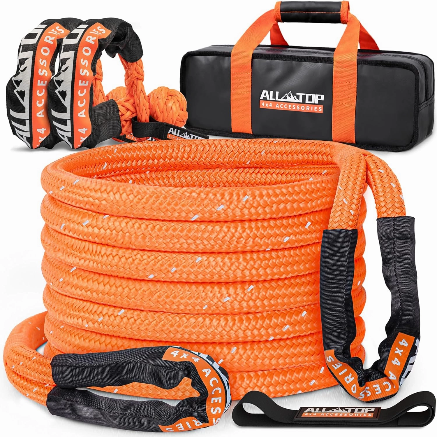 ALL-TOP Kinetic Rope Kit (Reflective) w/ 2 Soft Shackles, 48000Lbs, 1in x 30ft, Heavy Duty 30 % Elasticity, 16000Lbs Work Load Limit