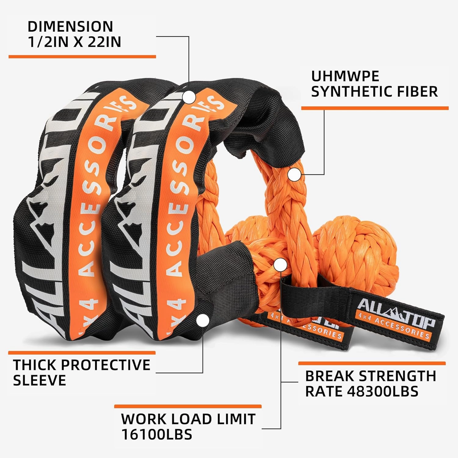 ALL-TOP Kinetic Rope Kit (Reflective) w/ 2 Soft Shackles, 48000Lbs, 1in x 30ft, Heavy Duty 30 % Elasticity, 16000Lbs Work Load Limit