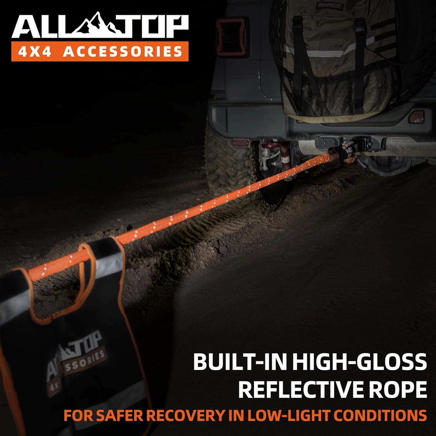 ALL-TOP Kinetic Rope Kit (Reflective) w/ 2 Soft Shackles, 48000Lbs, 1in x 30ft, Heavy Duty 30 % Elasticity, 16000Lbs Work Load Limit
