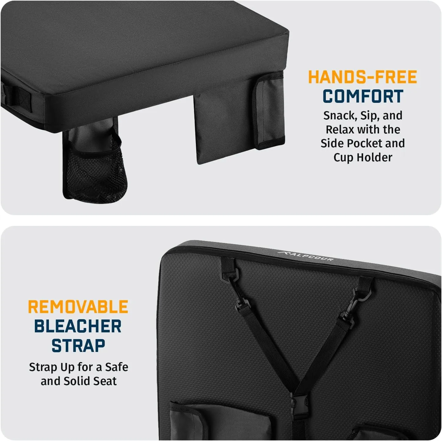 Alpcour Portable Extra Thick Stadium Seat Cushion – Bleacher Cushion with Side Pocket, Cup Holder, Waterproof, Anti-Slip, and Straps – Perfect for Football Seats and Bench Seats for Bleachers