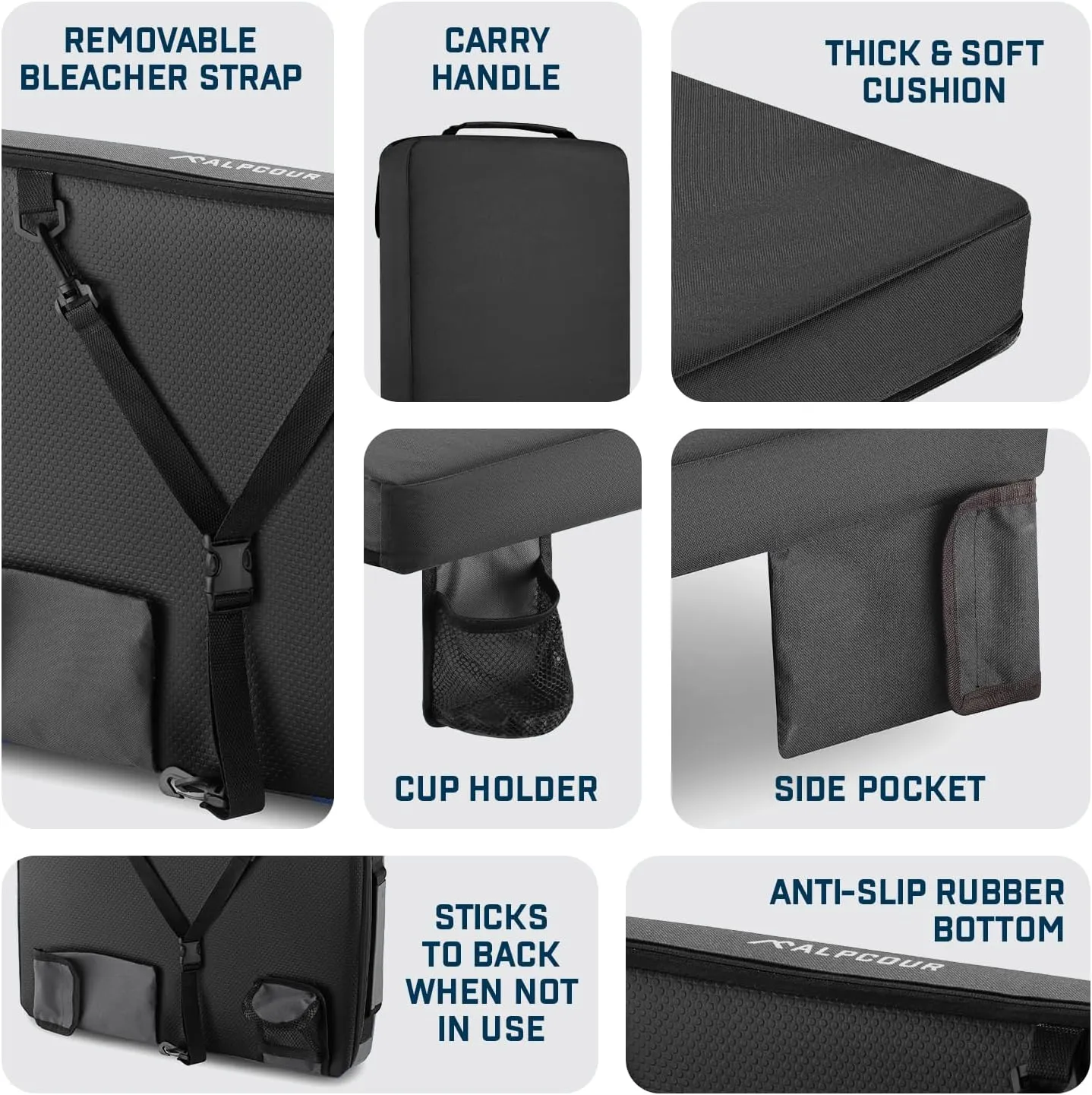 Alpcour Portable Extra Thick Stadium Seat Cushion – Bleacher Cushion with Side Pocket, Cup Holder, Waterproof, Anti-Slip, and Straps – Perfect for Football Seats and Bench Seats for Bleachers