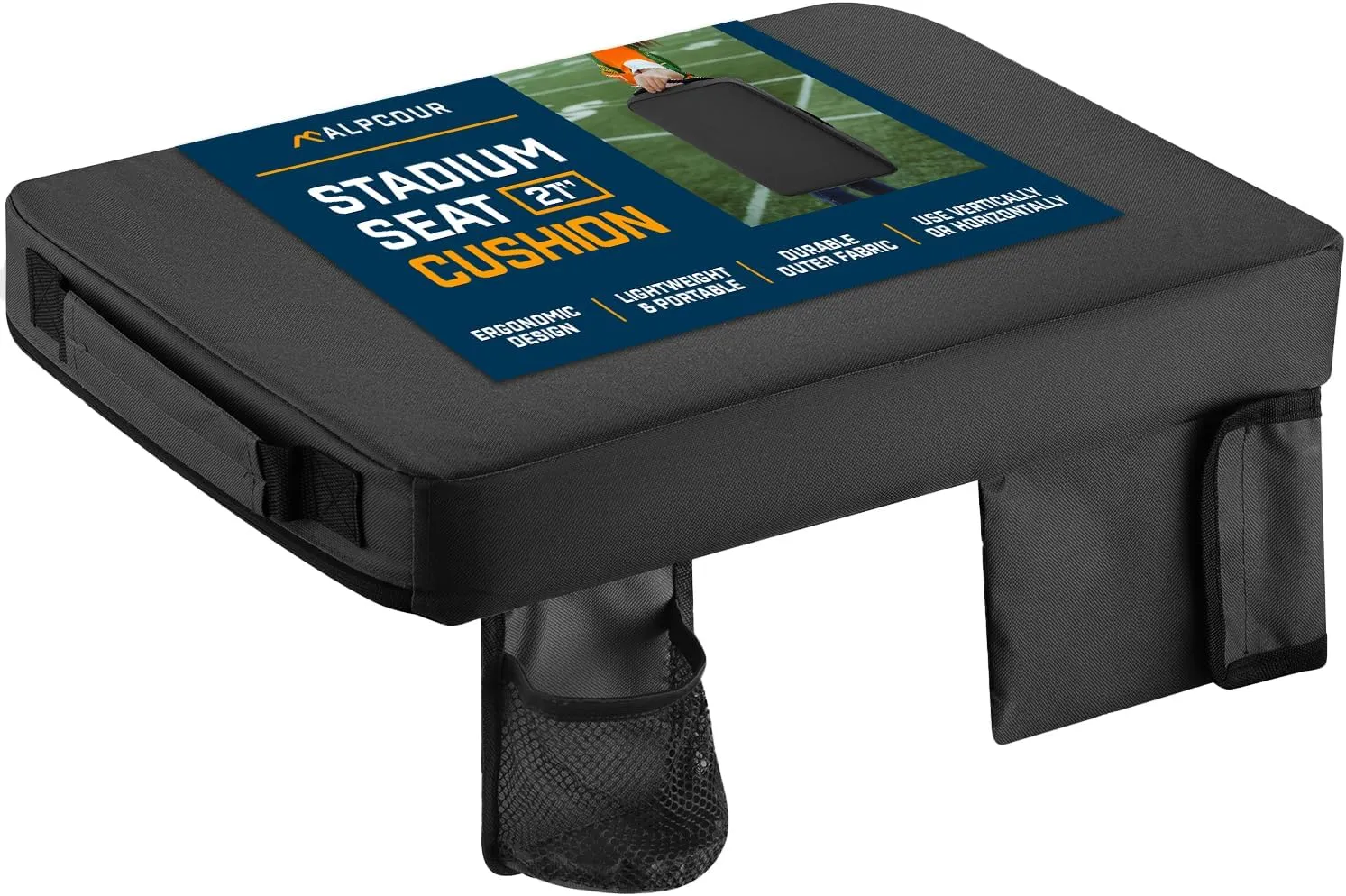 Alpcour Portable Extra Thick Stadium Seat Cushion – Bleacher Cushion with Side Pocket, Cup Holder, Waterproof, Anti-Slip, and Straps – Perfect for Football Seats and Bench Seats for Bleachers