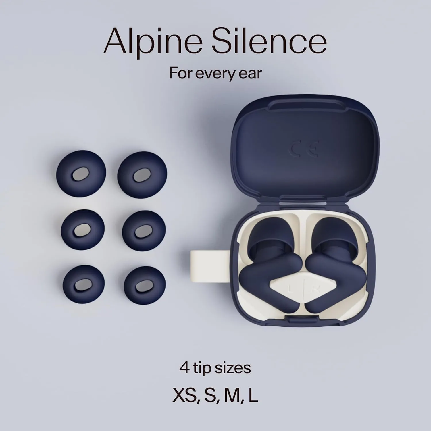 Alpine Silence Earplugs for Sleep, Focus & Travel - V-Shape Fit & Soft Oval Tips – 4 Sizes XS/S/M/L - Comfortable, Reusable Hearing Protection - 22dB – Midnight Blue