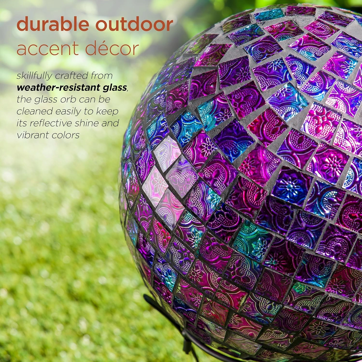 Alpine Corporation 10" Diameter Indoor/Outdoor Glass Mosaic Gazing Globe Yard Decoration, Purple Embossed Tile