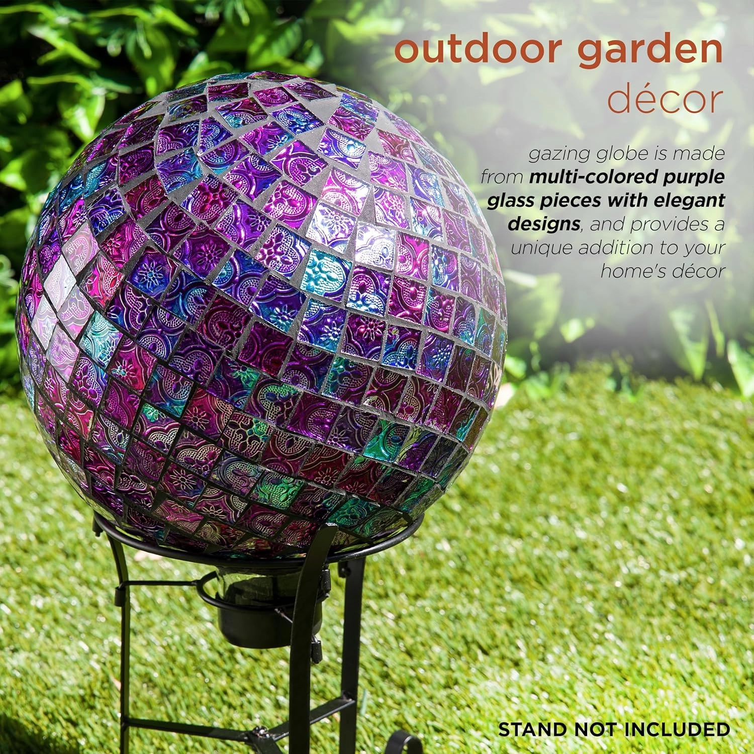 Alpine Corporation 10" Diameter Indoor/Outdoor Glass Mosaic Gazing Globe Yard Decoration, Purple Embossed Tile