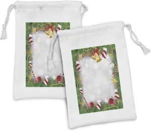 Ambesonne Christmas Fabric Pouch Set of 2, Xmas Eve Carol Theme Frame Pine Spikes Candy Jingle Hand Bells and Ribbon Image, Small Drawstring Bag for Toiletries Masks and Favors, 9" x 6", Multicolor
