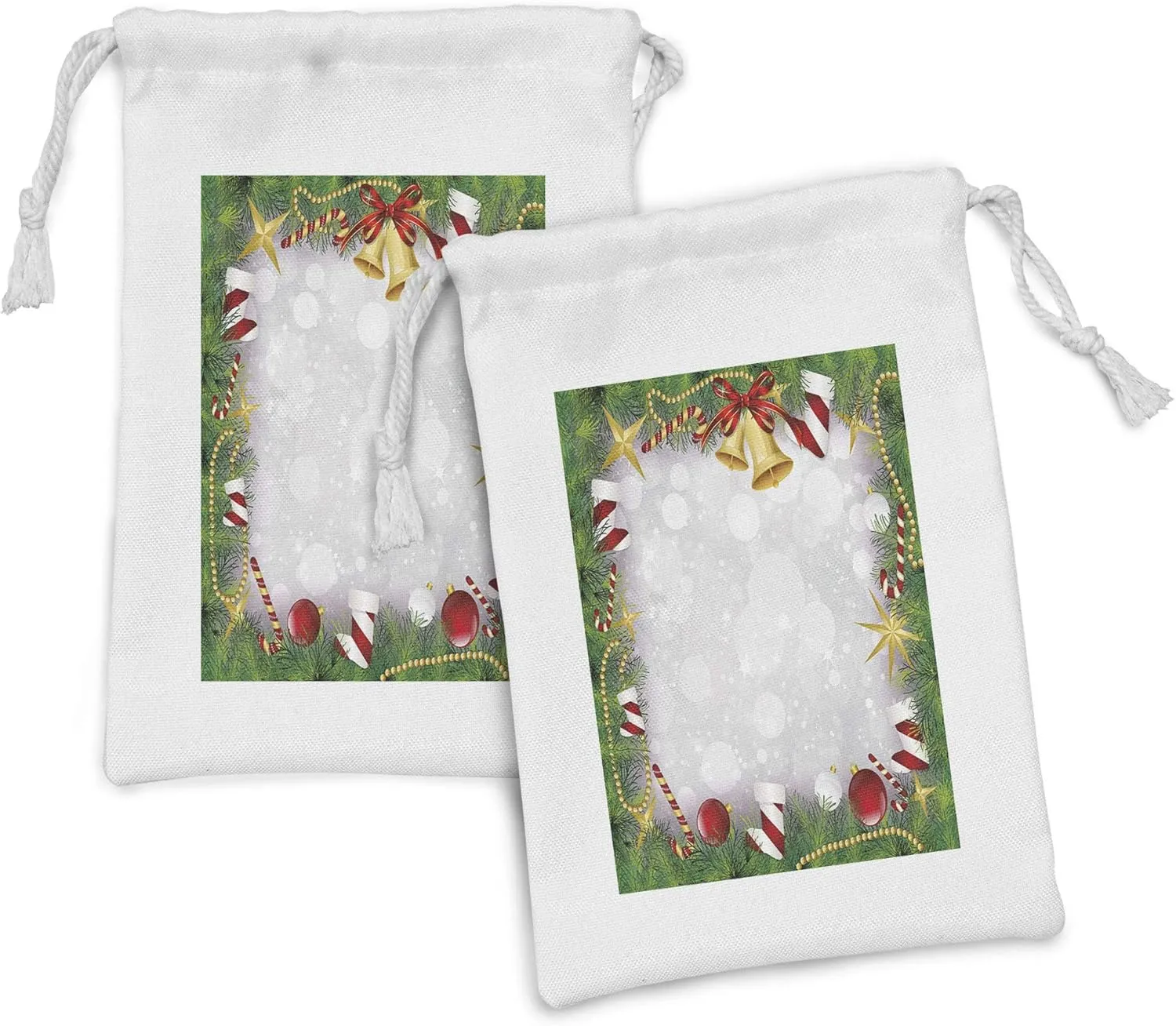 Ambesonne Christmas Fabric Pouch Set of 2, Xmas Eve Carol Theme Frame Pine Spikes Candy Jingle Hand Bells and Ribbon Image, Small Drawstring Bag for Toiletries Masks and Favors, 9" x 6", Multicolor