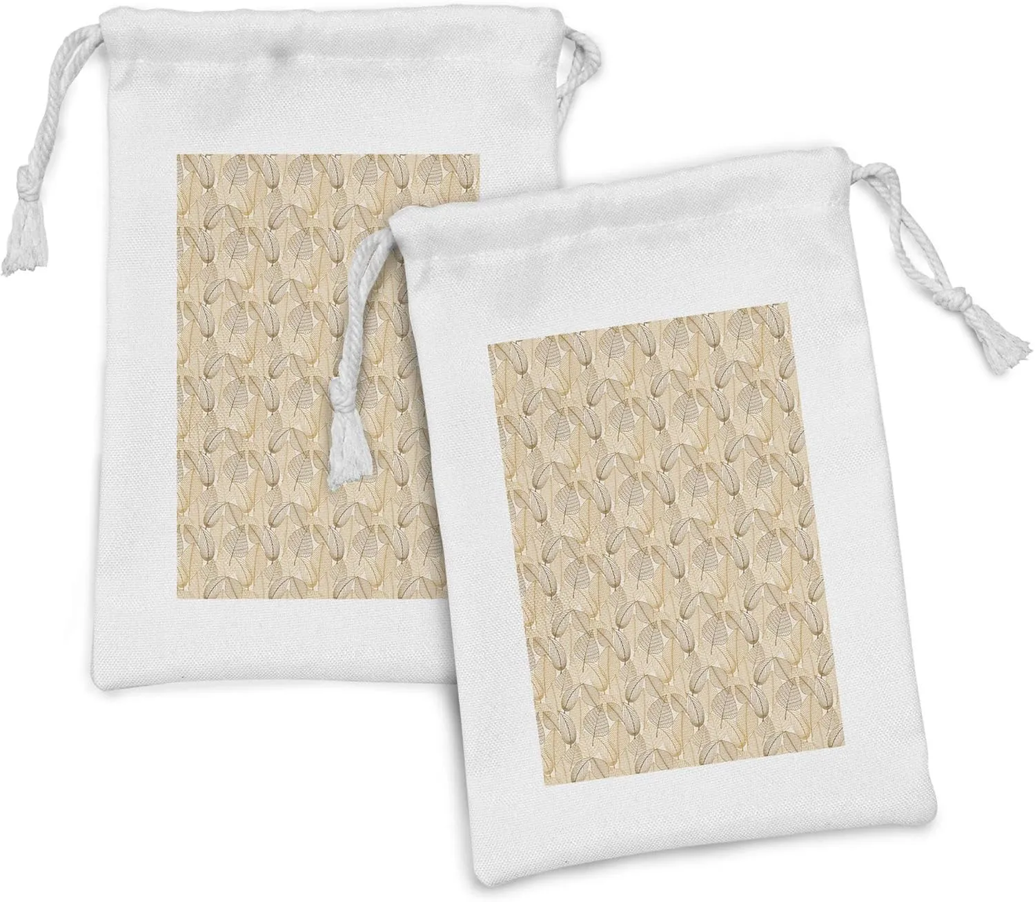 Ambesonne Earth Tones Fabric Pouch Set of 2, Autumn Leaves Harvest Seasonal Faded Deciduous Trees Fall Pattern, Small Drawstring Bag for Toiletries Masks and Favors, 9" x 6", Brown Pale Brown Beige