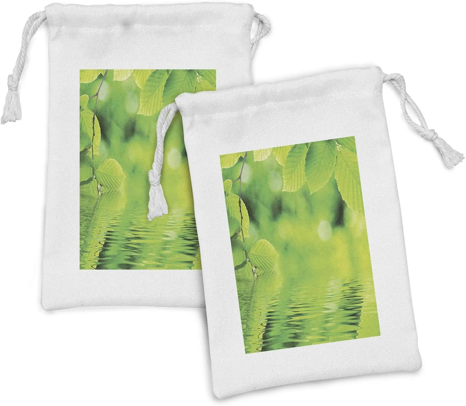 Ambesonne Leaves Fabric Pouch Set of 2, Leaves in Water Spa Open Your with Nature Ecological Monochrome Photo, Small Drawstring Bag for Toiletries Masks and Favors, 9" x 6", Green