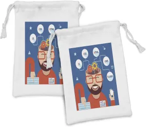 Ambesonne Nerd Fabric Pouch Set of 2, Happy Web Developer with His Brain Open Coding Computers Concept Geek, Small Drawstring Bag for Toiletries Masks and Favors, 9" x 6", Sea Blue and Multicolor