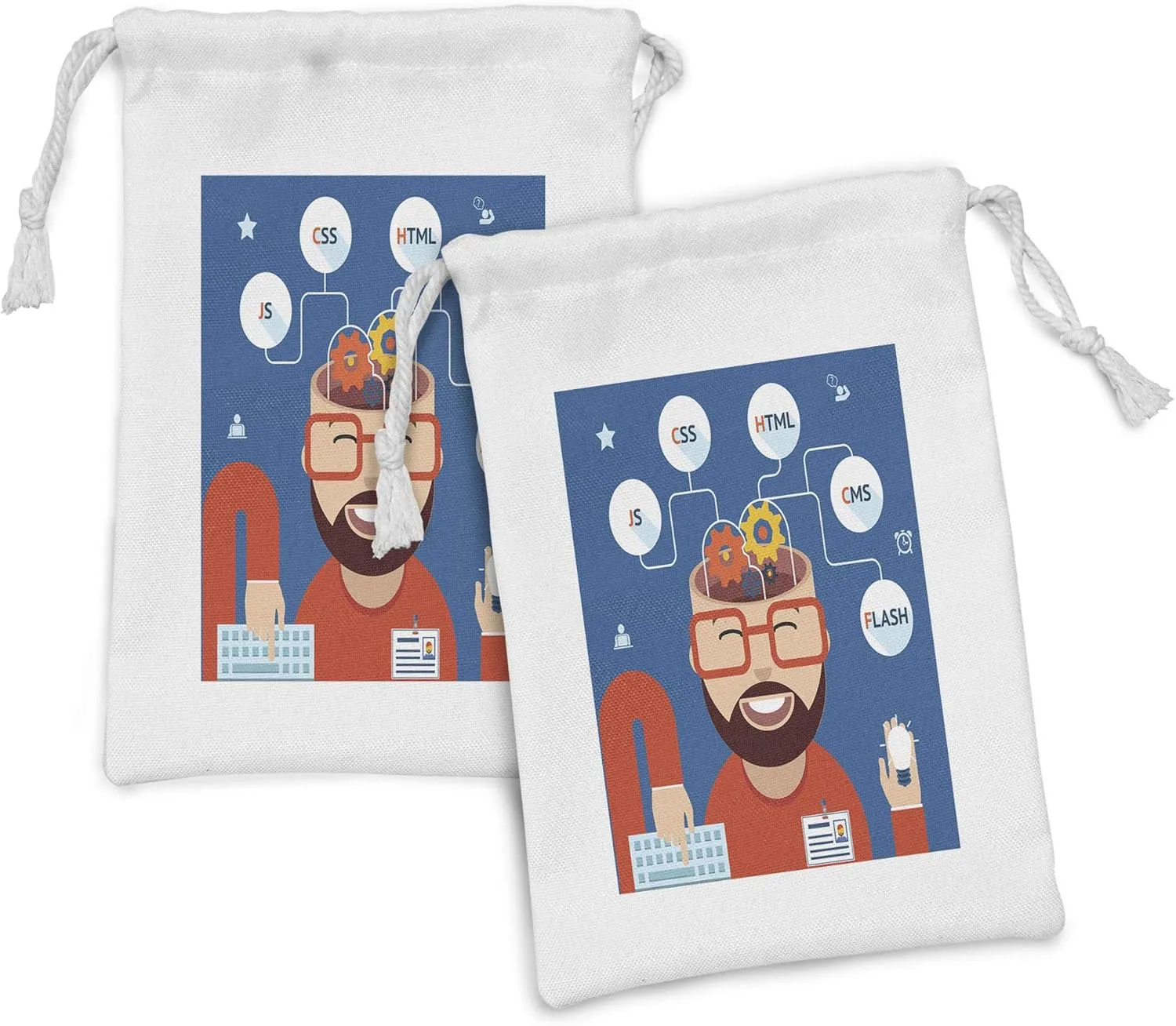 Ambesonne Nerd Fabric Pouch Set of 2, Happy Web Developer with His Brain Open Coding Computers Concept Geek, Small Drawstring Bag for Toiletries Masks and Favors, 9" x 6", Sea Blue and Multicolor