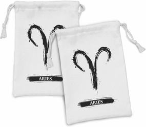 Ambesonne Astrology Fabric Pouch Set of 2, Aries Astrology Sign with Grunge Illustration Elements Character Venus, Small Drawstring Bag for Toiletries Masks and Favors, 9" x 6", White Black