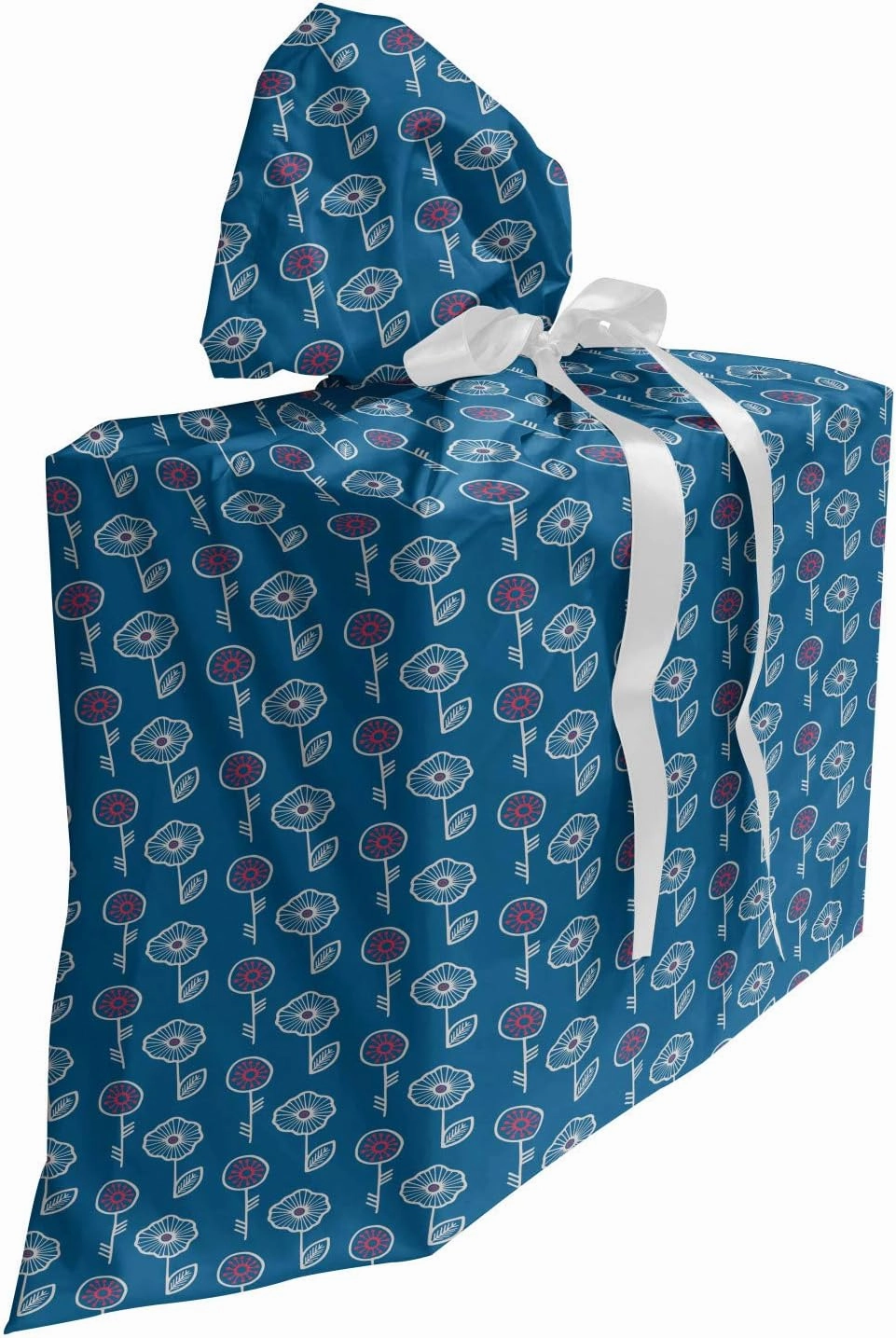 Ambesonne Floral Gift Bag, Continuous Simple Hand Drawn Flowers Doodle Meadow Blossoms Essence, Fabric Party Favor Pouch with 3 Ribbons, 27, Hot Pink and Dark Turquoise