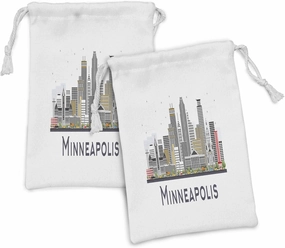Ambesonne Minnesota Fabric Pouch Set of 2, Elevation of a Street in Minneapolis Image with High Detailed Facades, Small Drawstring Bag for Toiletries Masks and Favors, 9" x 6", Multicolor