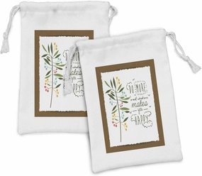 Ambesonne Saying Fabric Pouch Set of 2, Progress Ideas Design Ideology Mindfulness Olive Fruits Flying Birds Leaf, Small Drawstring Bag for Toiletries Masks and Favors, 9" x 6", Forest Green Brown