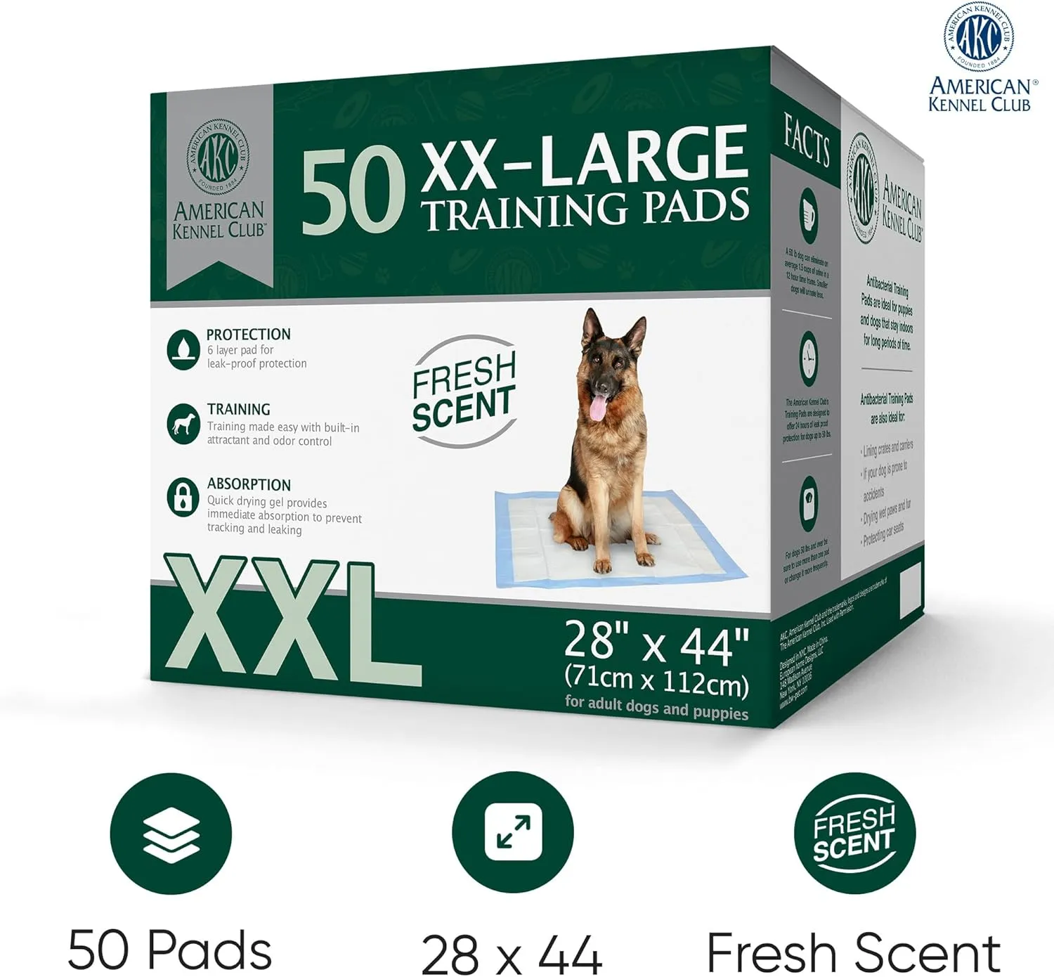 American Kennel Club Scented Puppy Pads – XXL & XXL  Sizes – 28x44 Ultra Absorbent 6-Layer Pee Pads with Odor Control & Quick-Dry Gel – Fresh Scent – 50 Count