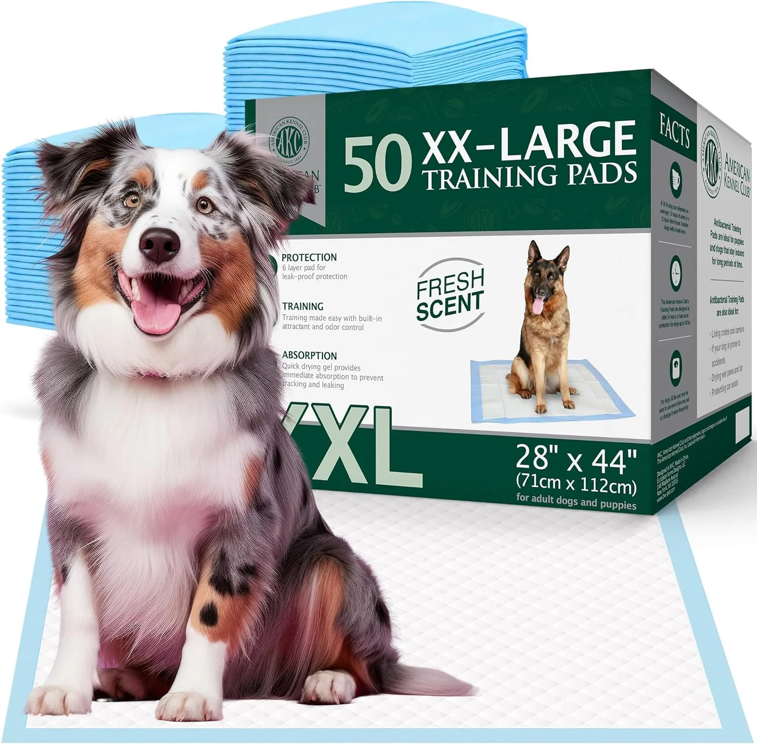 American Kennel Club Scented Puppy Pads – XXL & XXL  Sizes – 28x44 Ultra Absorbent 6-Layer Pee Pads with Odor Control & Quick-Dry Gel – Fresh Scent – 50 Count