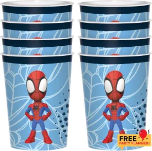 Amscan Spiderman 8 Count Plastic 16 oz Reusable Birthday Party Favor Kid Cups - Superhero Decorations Supplies Set for Favor, Popcorn, Drinks