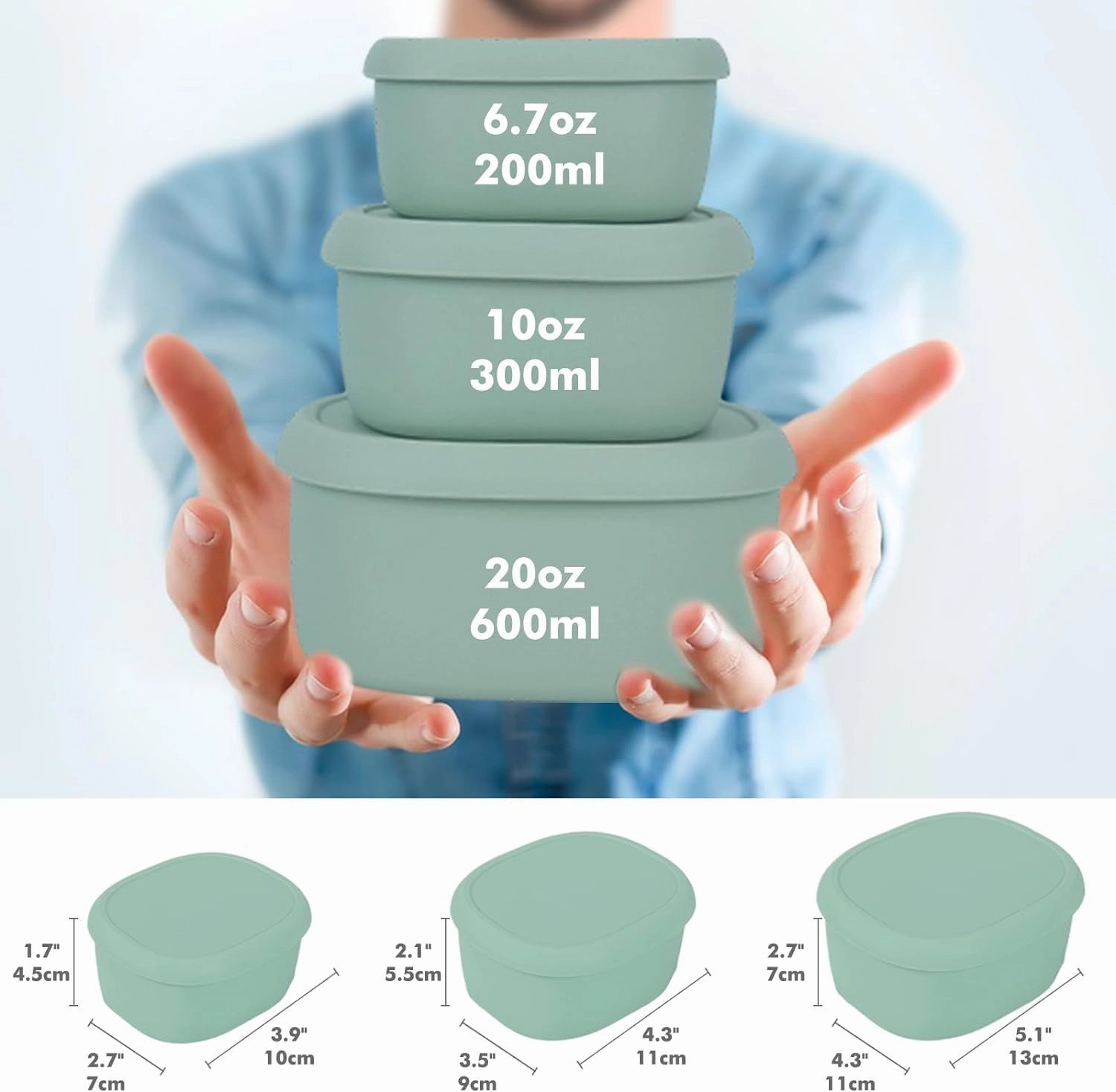 Anatole Silicone Food Storage Containers Set of 3 Lunch Box Bento with Lids BPA Free Dishwasher Microwave Oven Freezer Safe (6.7oz, 10oz, 20oz) Green