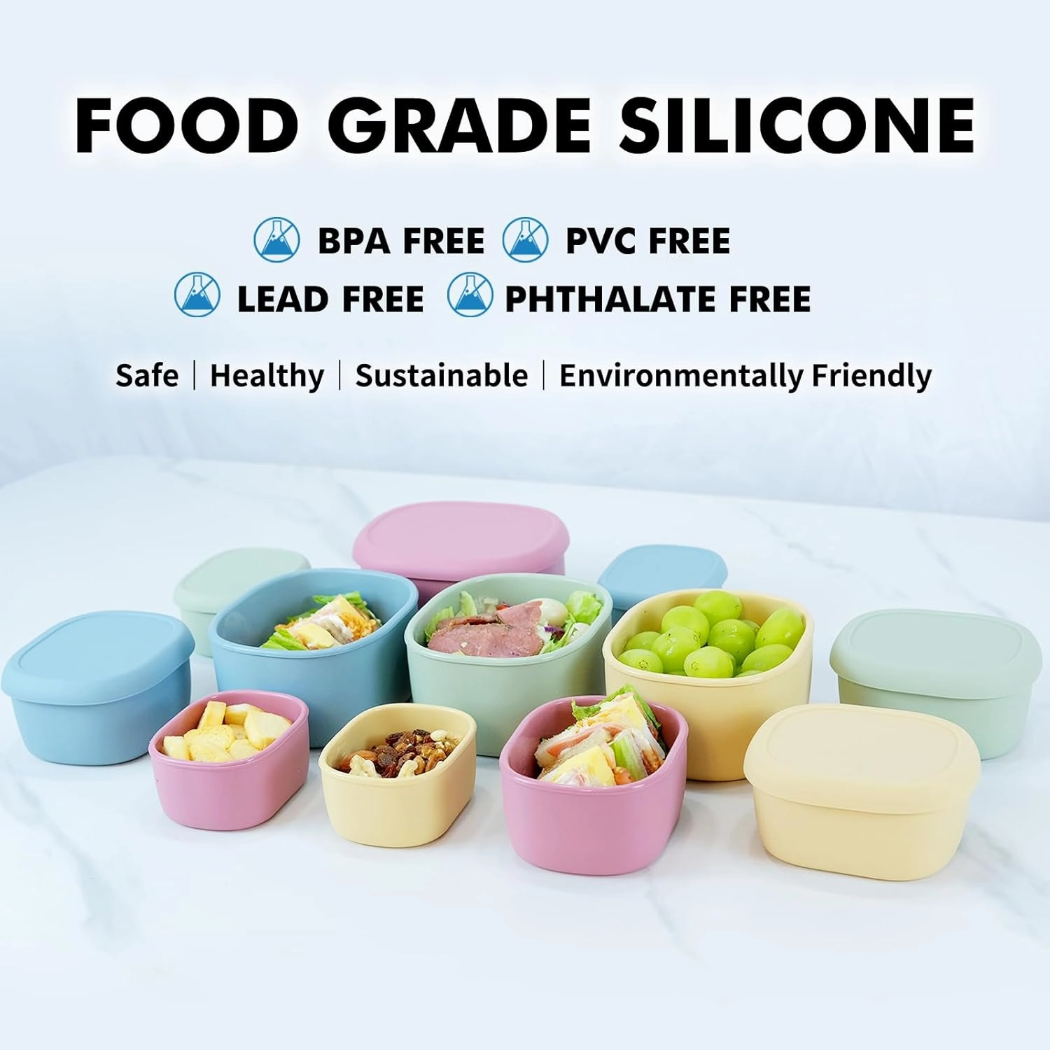 Anatole Silicone Food Storage Containers Set of 3 Lunch Box Bento with Lids BPA Free Dishwasher Microwave Oven Freezer Safe (6.7oz, 10oz, 20oz) Green