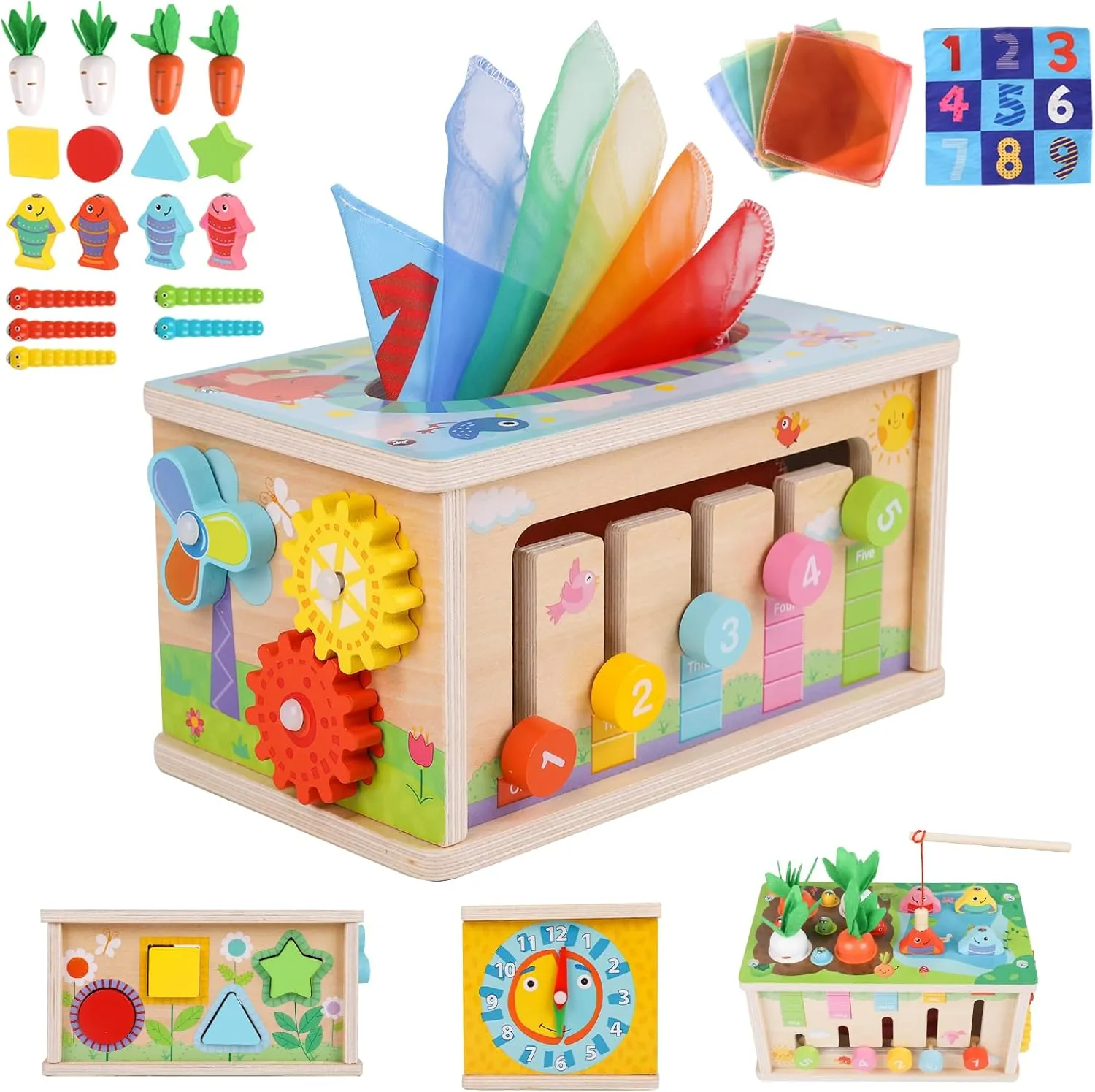 Ancaixin 6-in-1 Montessori Tissue Box Toy for 6  Months Baby, Wooden Activity Cube, Puzzles 12-18 Months, Perfect 1 Year Old Girl Boy Gifts, Sensory Toys for Toddlers 1-3, Baby 1st Birthday Gift