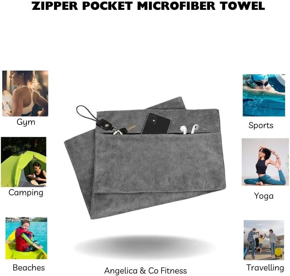 Angelica & Co Microfiber Fast Drying Gym Towel with Phone Pocket, Zipper, Fitness, Pilates, Yoga Mat Cover, Bench Cover, Camping - Pink M