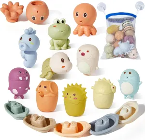 Animal Bath Toys with Floating Boats for Toddlers 1-3, 15 PCS Mold Free Bathtub Toy for Infants 6-12 Months, Eco-Friendly Non Toxic Water Table Toys