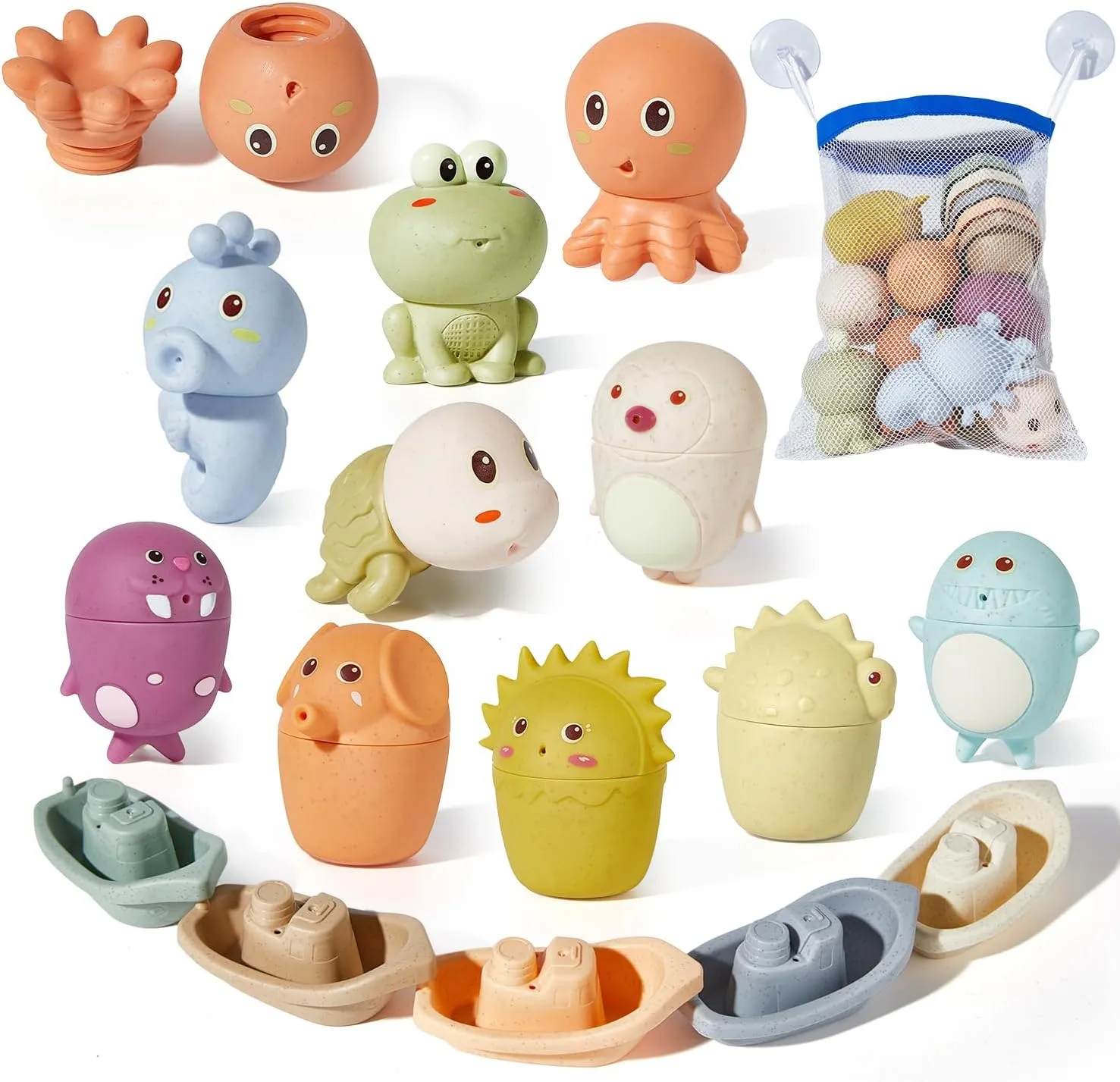 Animal Bath Toys with Floating Boats for Toddlers 1-3, 15 PCS Mold Free Bathtub Toy for Infants 6-12 Months, Eco-Friendly Non Toxic Water Table Toys