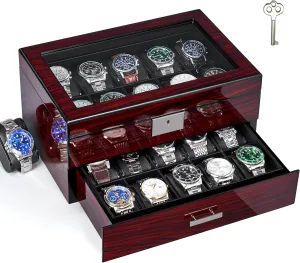 ANWBROAD 20 Slot Watch Box for Men and Women - 2-Tier Display Case With Large Glass Lid, Lockable Wooden Organizer, Luxurious Holder UJWB002Y
