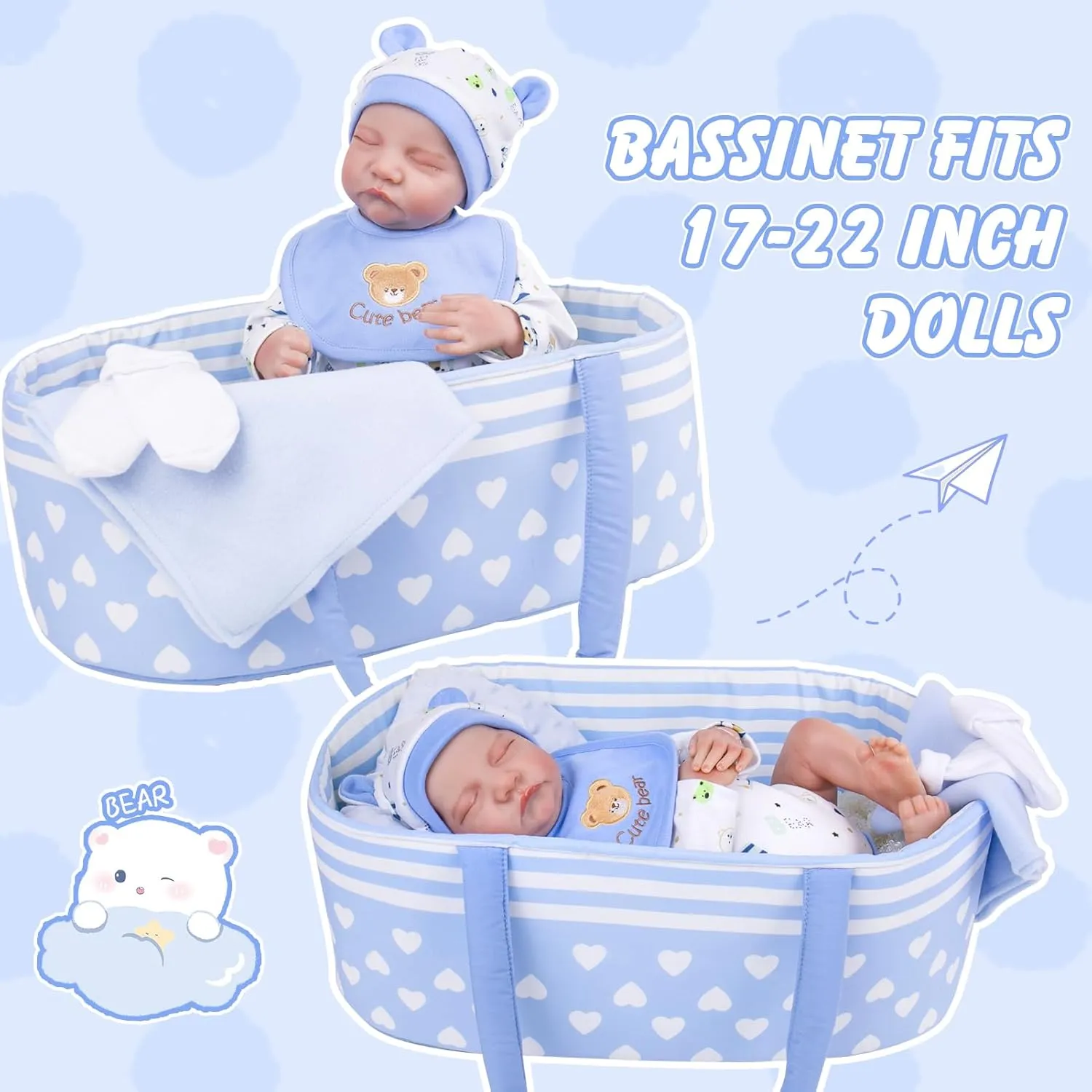 Aori 9 Pcs Reborn Baby Dolls Outfit Set with Bassinet Accessories for 17-22 Inch Baby Doll, Blue Carrier Bed and Baby Doll Clothes fit Newborn Baby Dolls