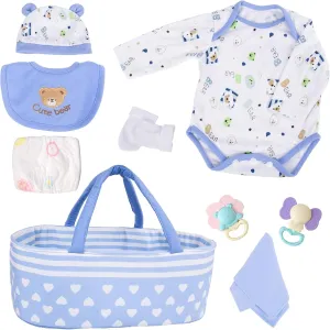 Aori 9 Pcs Reborn Baby Dolls Outfit Set with Bassinet Accessories for 17-22 Inch Baby Doll, Blue Carrier Bed and Baby Doll Clothes fit Newborn Baby Dolls