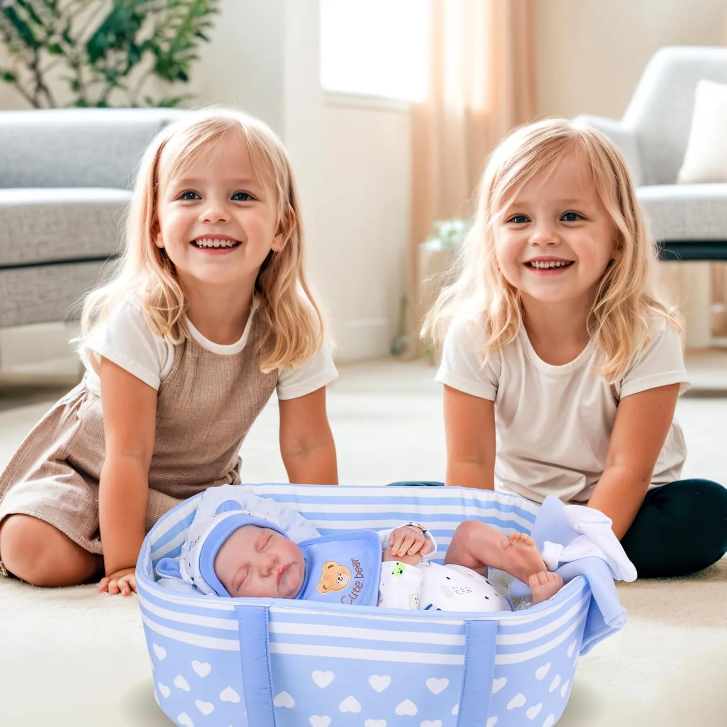 Aori 9 Pcs Reborn Baby Dolls Outfit Set with Bassinet Accessories for 17-22 Inch Baby Doll, Blue Carrier Bed and Baby Doll Clothes fit Newborn Baby Dolls