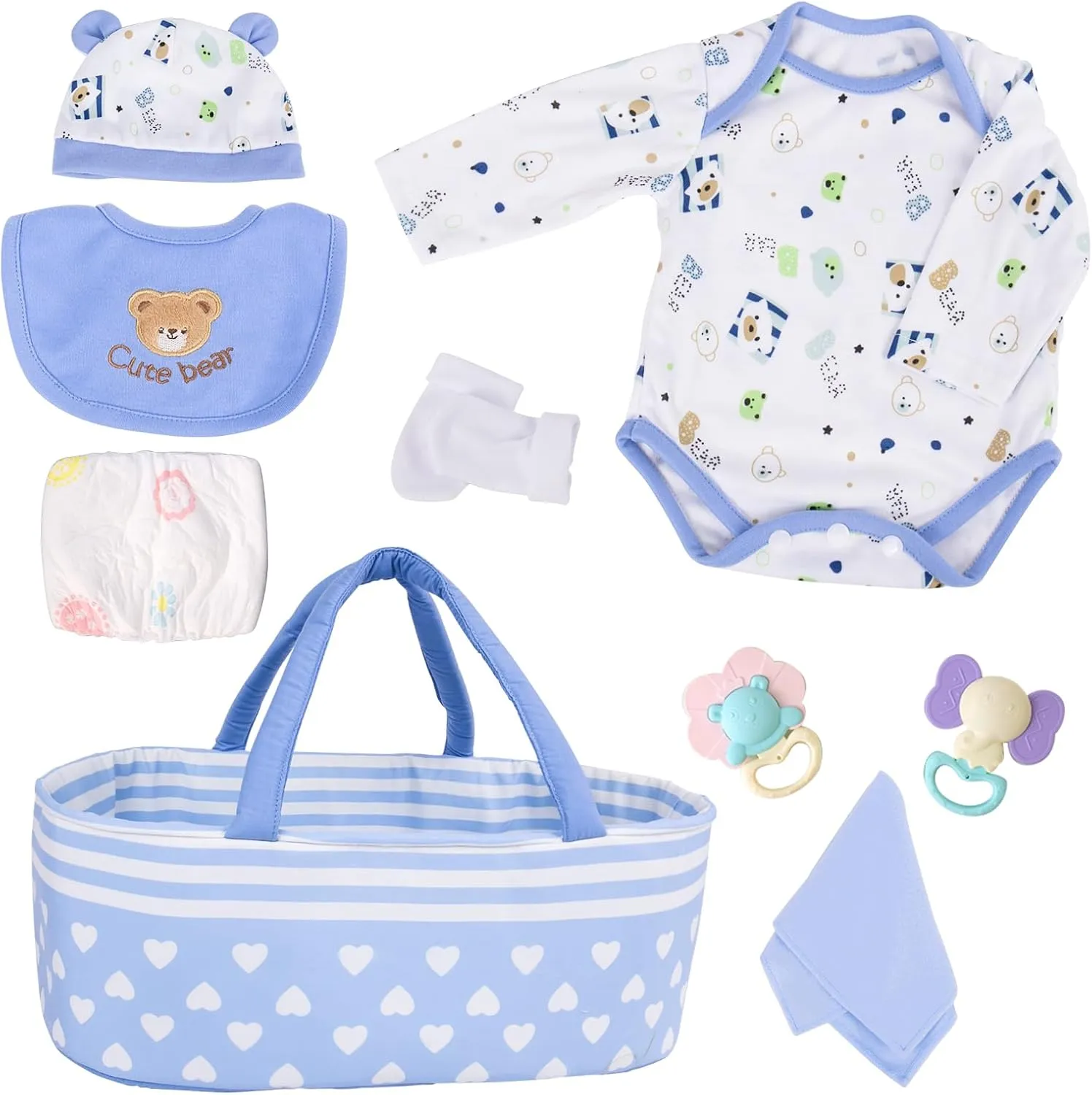 Aori 9 Pcs Reborn Baby Dolls Outfit Set with Bassinet Accessories for 17-22 Inch Baby Doll, Blue Carrier Bed and Baby Doll Clothes fit Newborn Baby Dolls