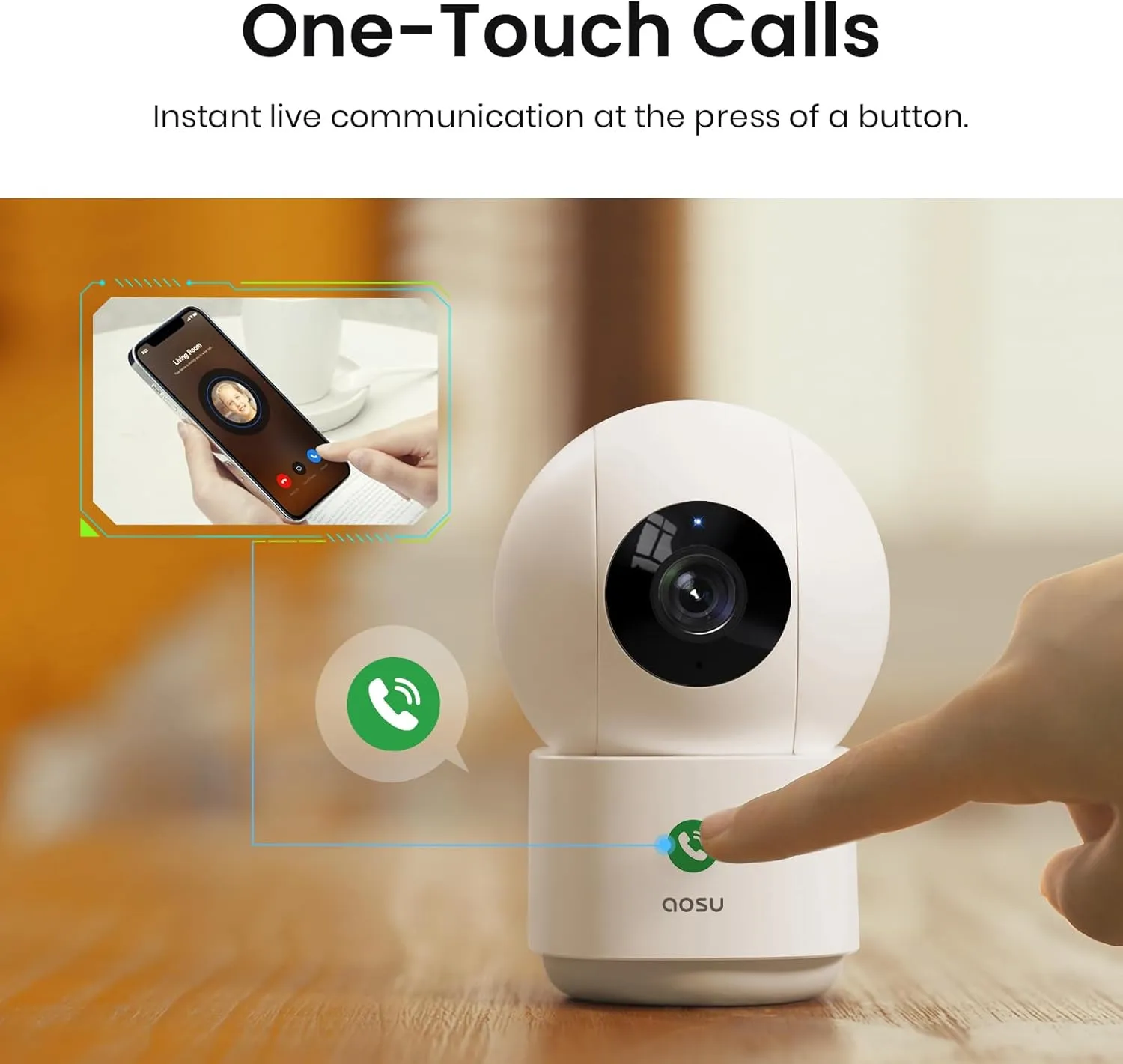 AOSU 2K Security Camera Indoor, Baby Monitor Pet Camera 360-Degree for Home Security with 2.4 GHz Wi-Fi Router, One-Touch Call, Smart Motion Tracking, IR Night Vision, Compatible with Alexa