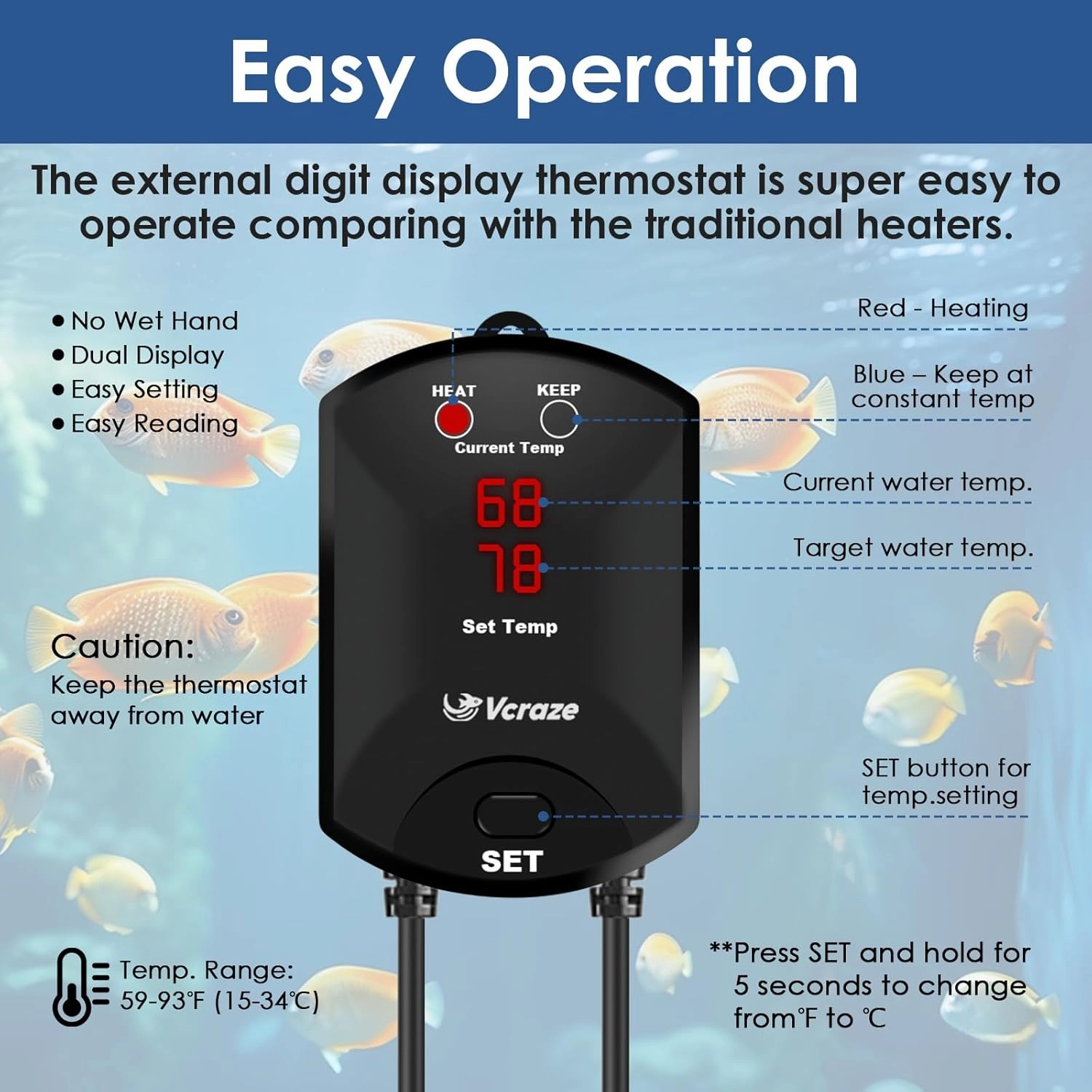 Aquarium Heater 200W Fish Tank Heater with External Thermostat (Dual Digital Display), Turtle Heater for Tanks 20-40 Gallons, Dry-Run/Overheating Protection and Memory Function