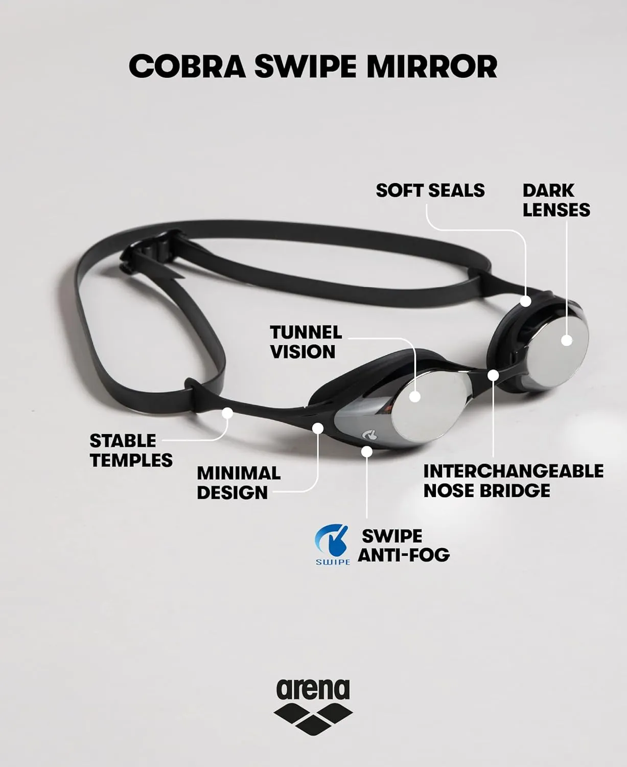 ARENA Unisex Adult Cobra Swipe Anti-Fog Racing Swim Goggles Polycarbonate Mirror/Non-Mirror Lens Hydrodynamic Design