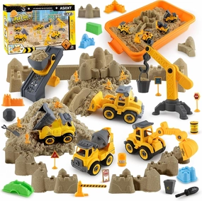Asoxt 43-Piece Construction Sensory Playset – 2 lbs Play Sand, 4 DIY Trucks, Crane & Road Signs – Creative Sandbox Toy for Kids Ages 3 