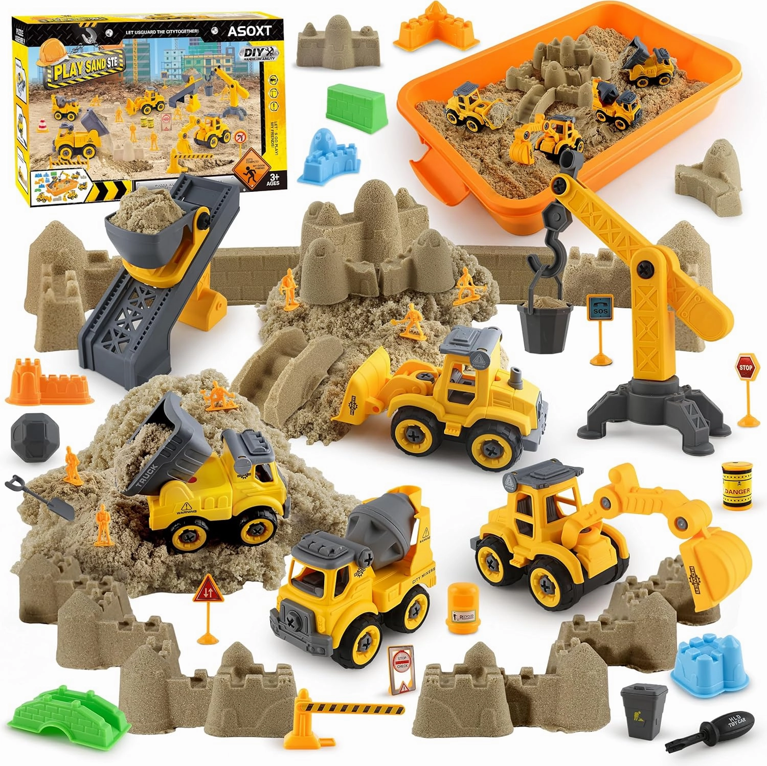Asoxt 43-Piece Construction Sensory Playset – 2 lbs Play Sand, 4 DIY Trucks, Crane & Road Signs – Creative Sandbox Toy for Kids Ages 3 