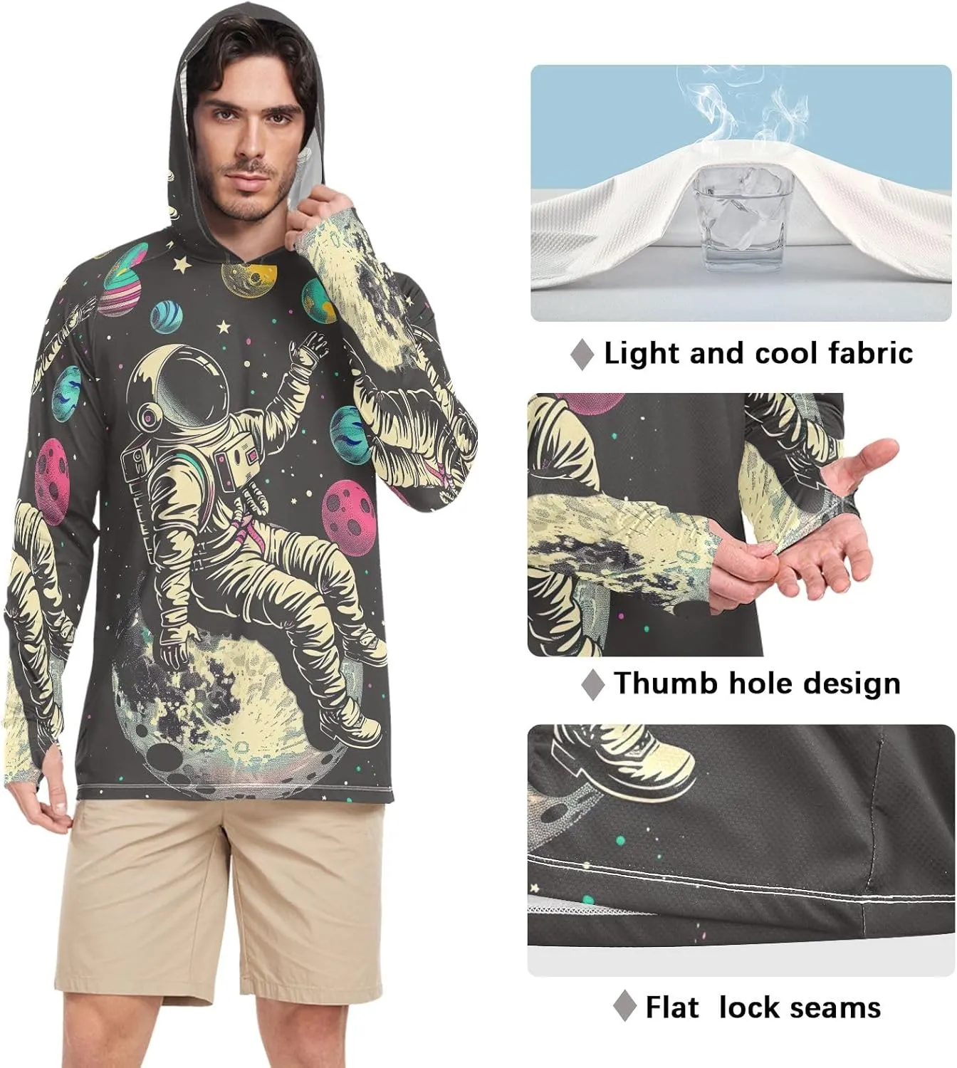 Astronaut Colorful Planets Mens Shirts UPF 50 , Cooling Shirt, Hooded Fishing Shirts for Men Long Sleeve