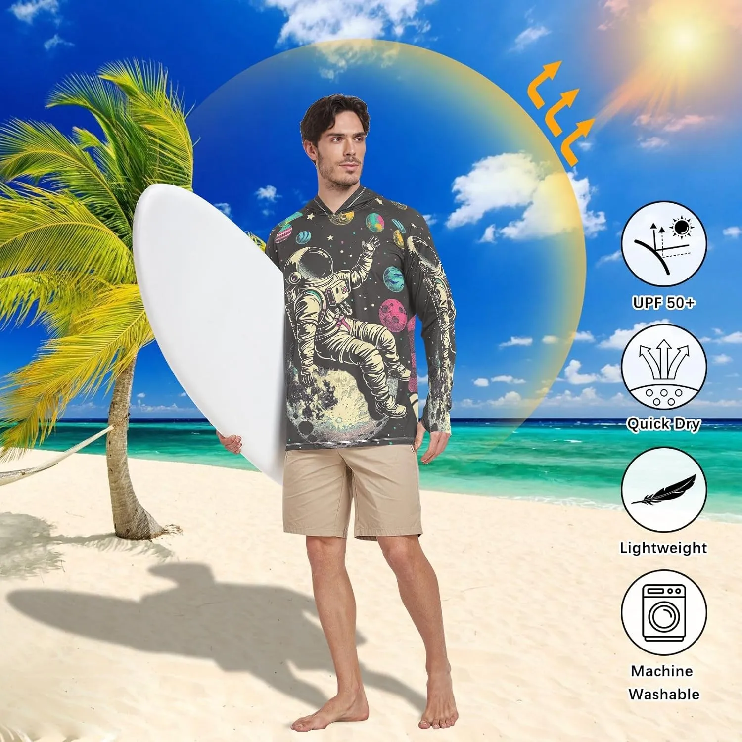 Astronaut Colorful Planets Mens Shirts UPF 50 , Cooling Shirt, Hooded Fishing Shirts for Men Long Sleeve