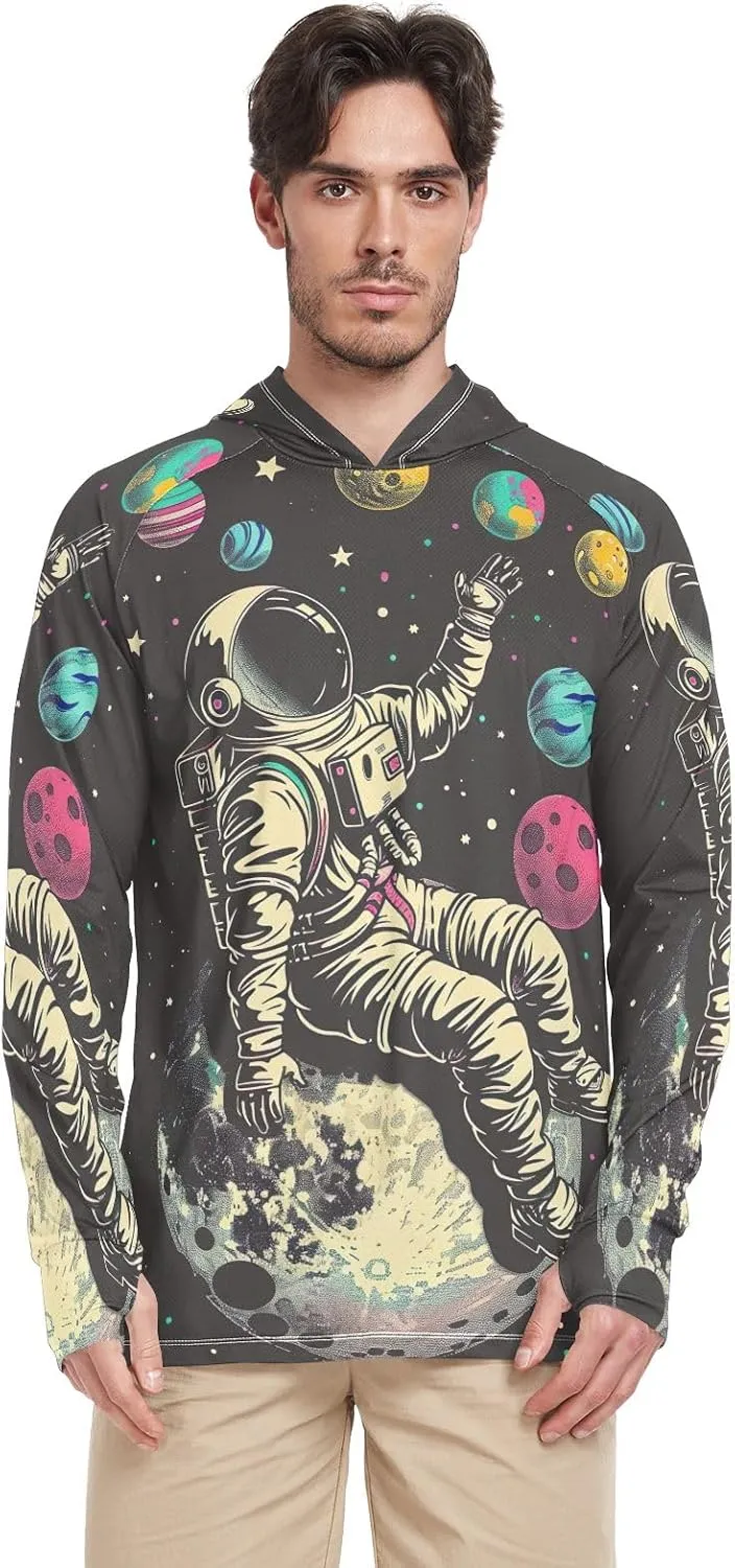 Astronaut Colorful Planets Mens Shirts UPF 50 , Cooling Shirt, Hooded Fishing Shirts for Men Long Sleeve