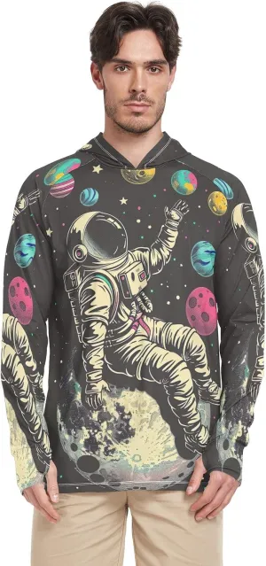 Astronaut Colorful Planets Mens Shirts UPF 50 , Cooling Shirt, Hooded Fishing Shirts for Men Long Sleeve