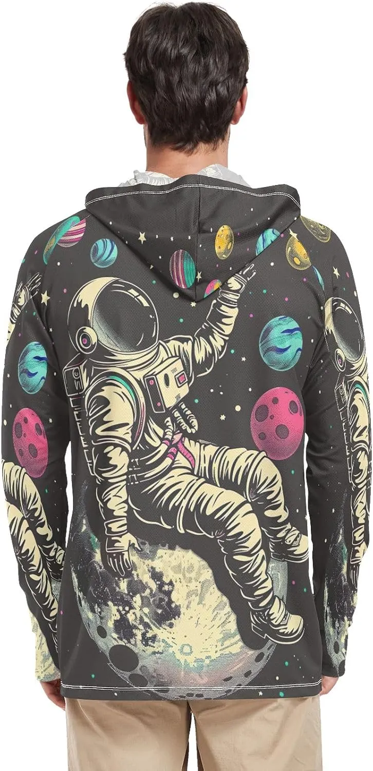 Astronaut Colorful Planets Mens Shirts UPF 50 , Cooling Shirt, Hooded Fishing Shirts for Men Long Sleeve