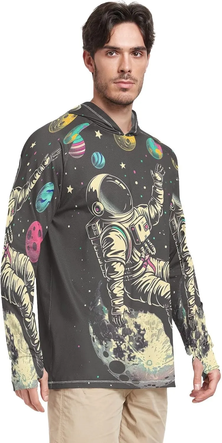 Astronaut Colorful Planets Mens Shirts UPF 50 , Cooling Shirt, Hooded Fishing Shirts for Men Long Sleeve