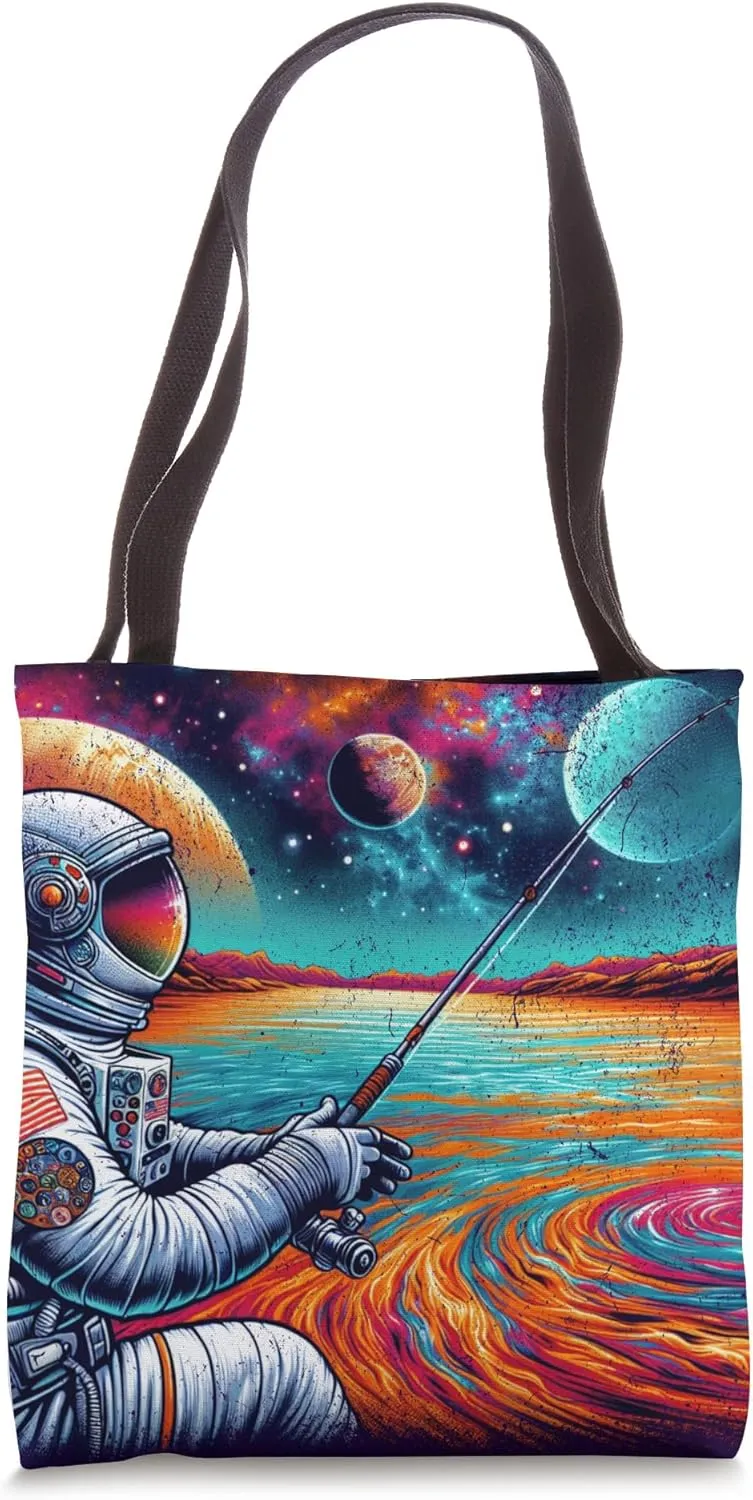Astronaut Fishing in a Distant Galaxy Trippy Retro Astronaut Tote Bag