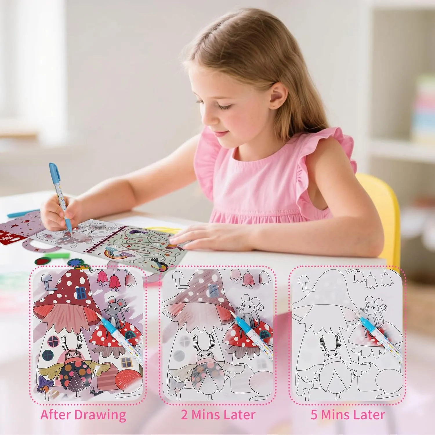Avenir Water Coloring Magic Painting Book for Toddlers 4 in 1 Creative Set with Water Painting,Stamp with Water,Reusable Stencil,Games Fantasy Garden for Children 3 Years