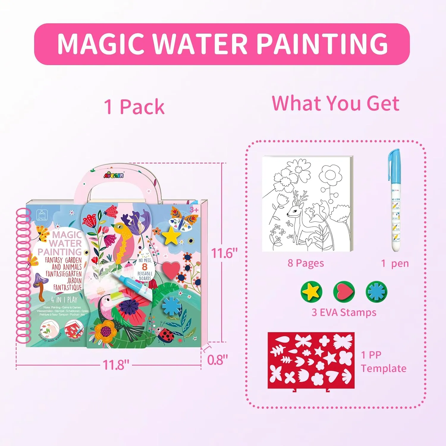Avenir Water Coloring Magic Painting Book for Toddlers 4 in 1 Creative Set with Water Painting,Stamp with Water,Reusable Stencil,Games Fantasy Garden for Children 3 Years