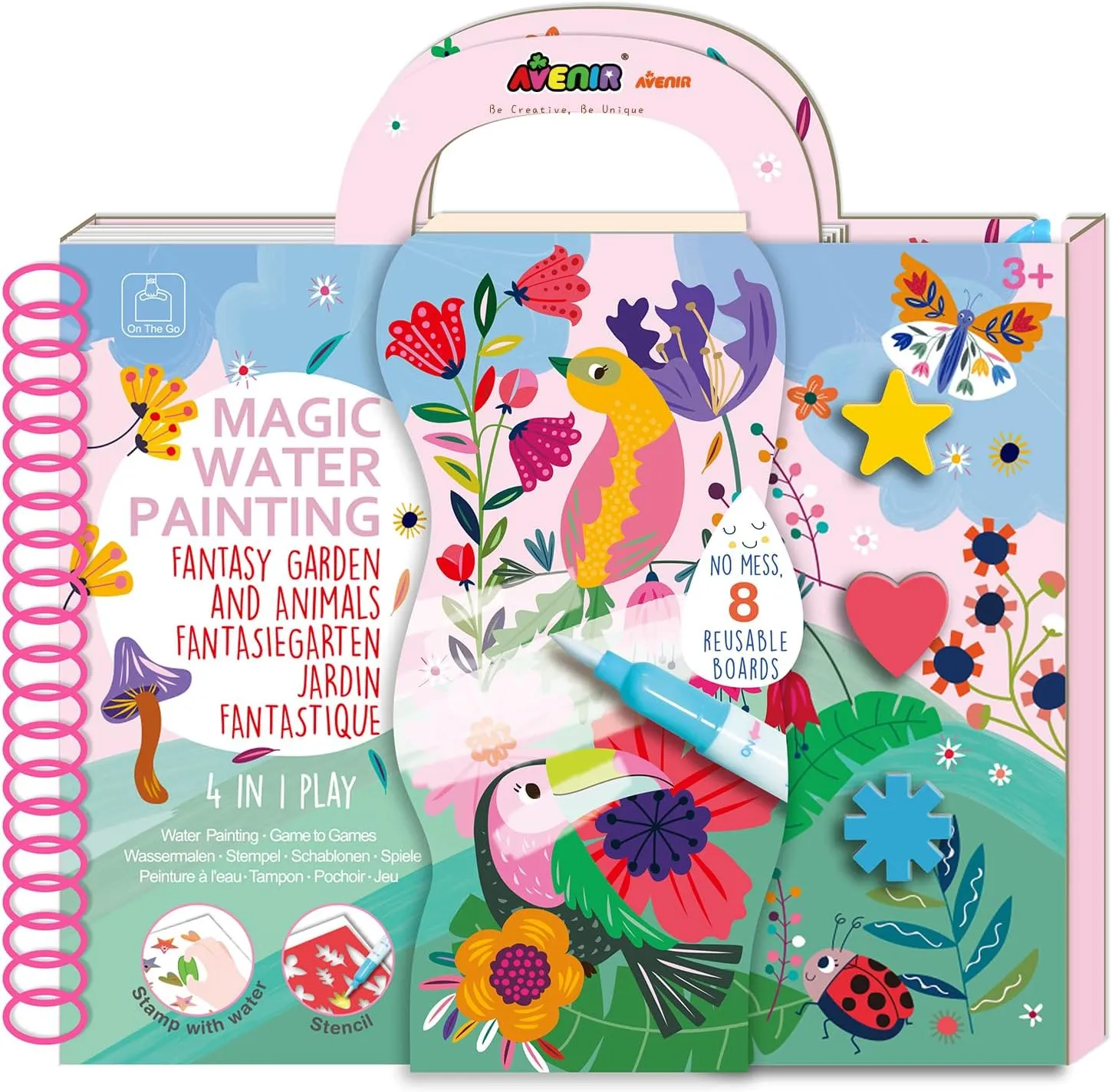 Avenir Water Coloring Magic Painting Book for Toddlers 4 in 1 Creative Set with Water Painting,Stamp with Water,Reusable Stencil,Games Fantasy Garden for Children 3 Years