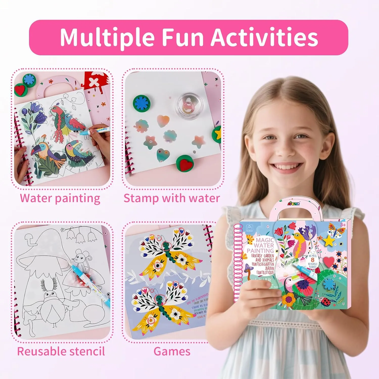 Avenir Water Coloring Magic Painting Book for Toddlers 4 in 1 Creative Set with Water Painting,Stamp with Water,Reusable Stencil,Games Fantasy Garden for Children 3 Years