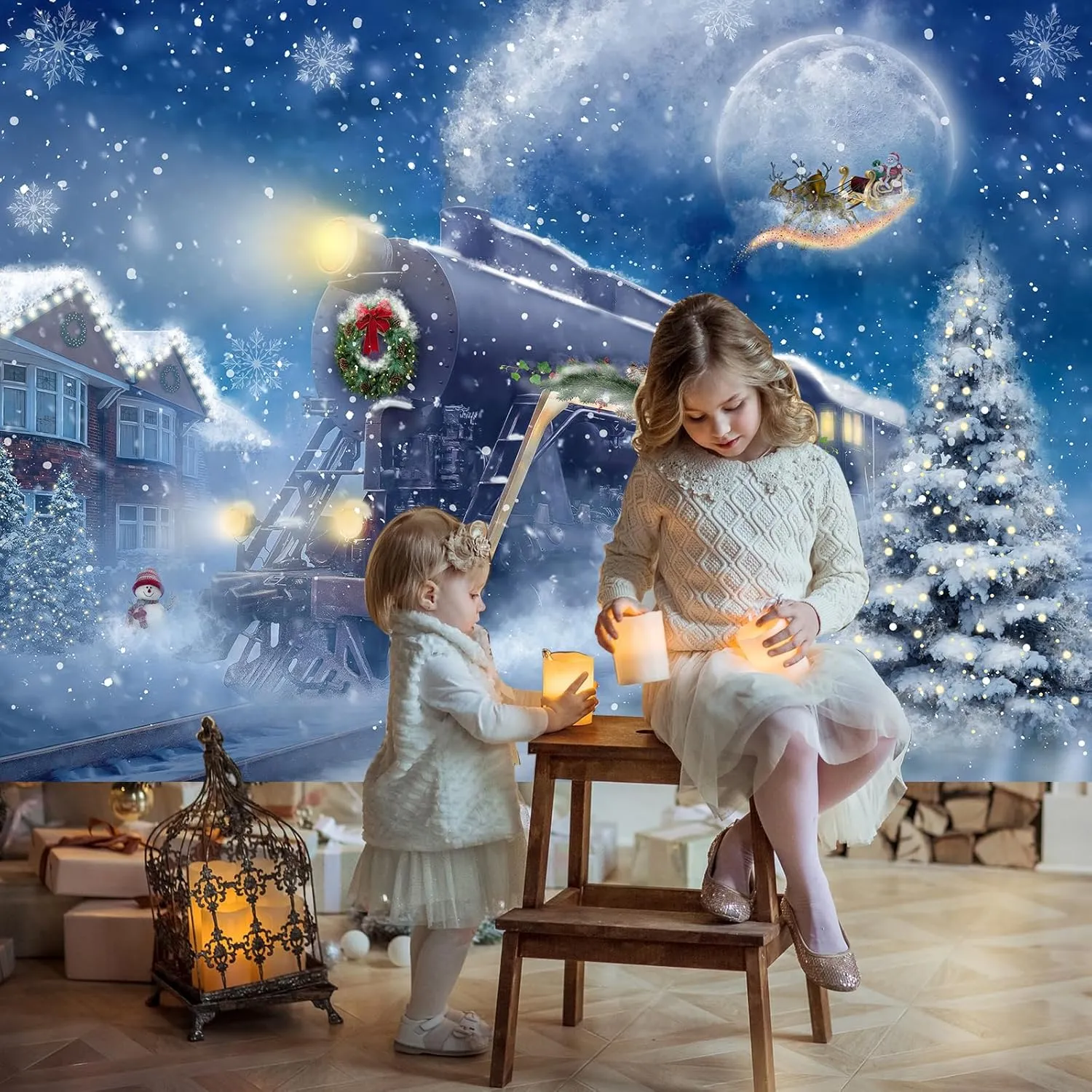 Avezano Christmas Train Backdrop Snow Night Christmas Polar Express Backdrop Moon Santa Claus Railway Photography Background Xmas Day Party Banner Decoration (7x5ft, 83x59inch)